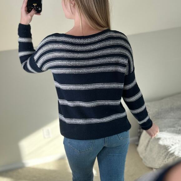 Vince: Navy Striped Knit Crew Neck Sweater - Picture 2 of 10